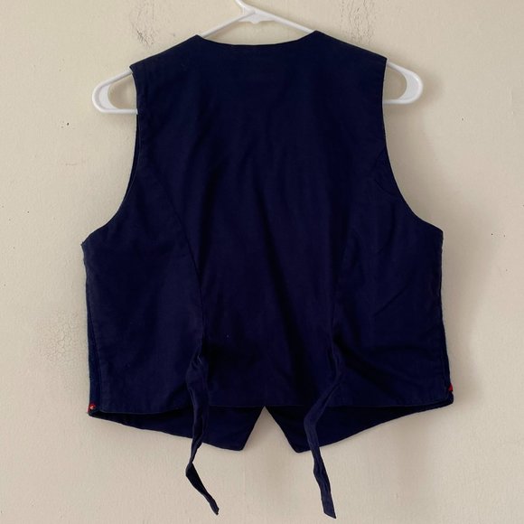 Vintage Embroidered Folk Art Vest Navy Blue Wool Button Up Vest - Picture 9 of 14